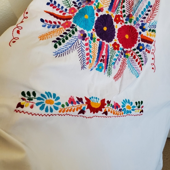 Vintage Mexican Colorful Rainbow Flower Embroider White Cotton Maxi House Dress - Picture 3 of 16